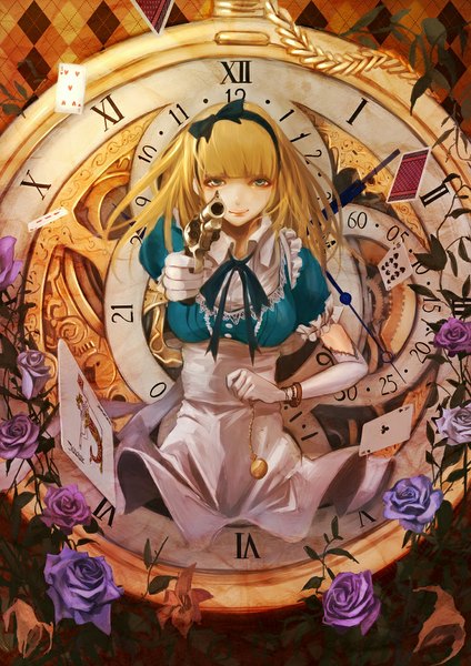 Anime picture 744x1053 with alice in wonderland alice (alice in wonderland) koh (minagi kou) single long hair tall image fringe breasts blonde hair holding green eyes girl gloves hair ornament flower (flowers) ribbon (ribbons) bow weapon plant (plants) elbow gloves