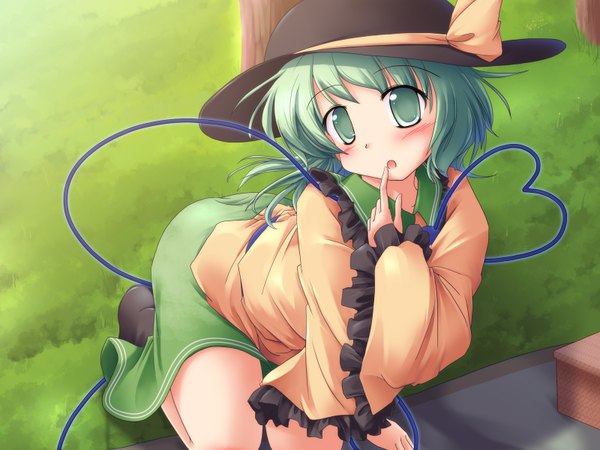 Anime picture 1600x1200 with touhou komeiji koishi lzh blush short hair green eyes long sleeves green hair girl hat