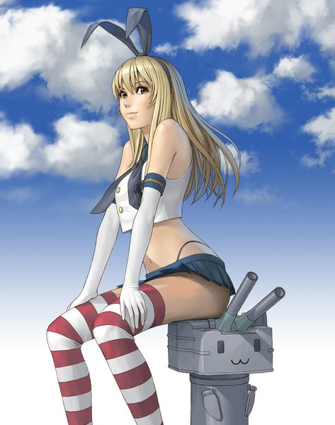 Anime picture 789x1000 with kantai collection shimakaze destroyer rensouhou-chan watanabe yasuaki long hair tall image looking at viewer fringe light erotic blonde hair sitting bare shoulders brown eyes sky cloud (clouds) pleated skirt bare belly girl thighhighs skirt