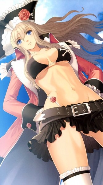 Anime picture 3475x6212 with shining (series) shining ark velvet batrass tony taka single long hair tall image looking at viewer highres breasts blue eyes light erotic blonde hair absurdres scan pirate girl thighhighs navel swimsuit