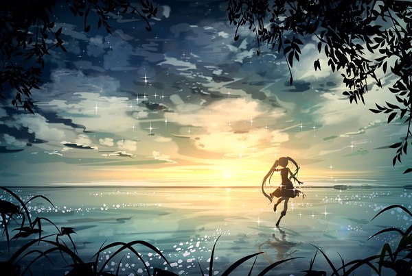 Anime-Bild 1200x807 mit vocaloid hatsune miku byakuya reki single long hair fringe standing twintails sky cloud (clouds) full body from behind evening standing on one leg reflection sunset scenic silhouette girl dress