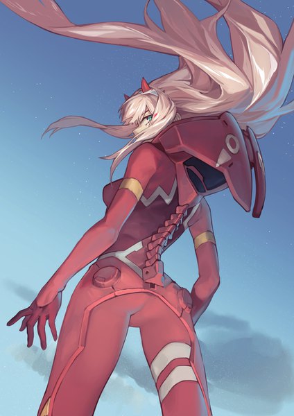 Anime picture 942x1333 with darling in the franxx studio trigger zero two (darling in the franxx) rff (3 percent) single tall image looking at viewer fringe standing pink hair sky outdoors ass very long hair looking back horn (horns) aqua eyes wind from behind from below