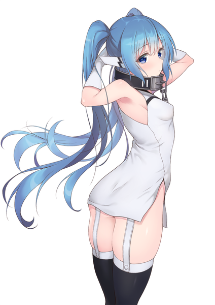 Anime picture 868x1228 with sora no otoshimono nymph (sora no otoshimono) mo3hig3 single long hair tall image blue eyes light erotic simple background standing white background twintails blue hair side slit arms behind head girl thighhighs dress gloves black thighhighs