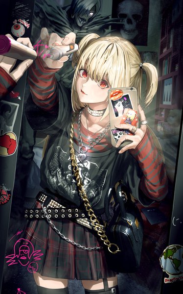 Anime picture 4679x7501 with death note madhouse amane misa rem (death note) ossan zabi 190 single long hair tall image looking at viewer fringe highres blonde hair hair between eyes red eyes standing holding payot absurdres indoors long sleeves