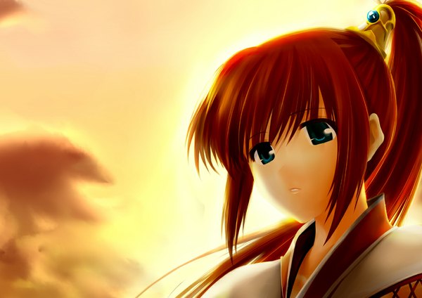 Anime picture 1024x724 with makxma single long hair brown hair sky cloud (clouds) ponytail aqua eyes evening sunset close-up face girl