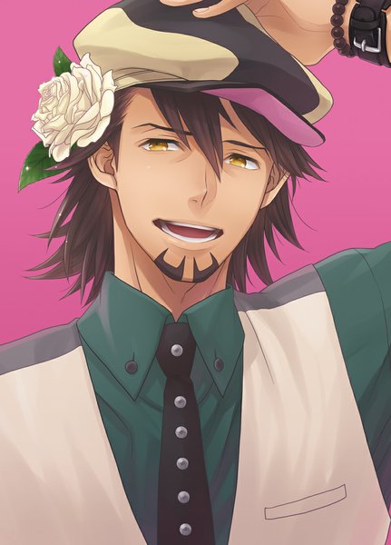 Anime picture 756x1051 with tiger & bunny sunrise (studio) kaburagi t. kotetsu akuta michi (artist) single tall image short hair open mouth simple background brown hair yellow eyes looking away hair flower portrait pink background boy hair ornament flower (flowers) shirt necktie