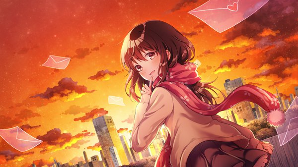 Anime picture 1920x1080 with original suzumishiro single long hair looking at viewer blush fringe highres open mouth hair between eyes brown hair wide image brown eyes sky cloud (clouds) looking back light smile from behind sunlight sparkle
