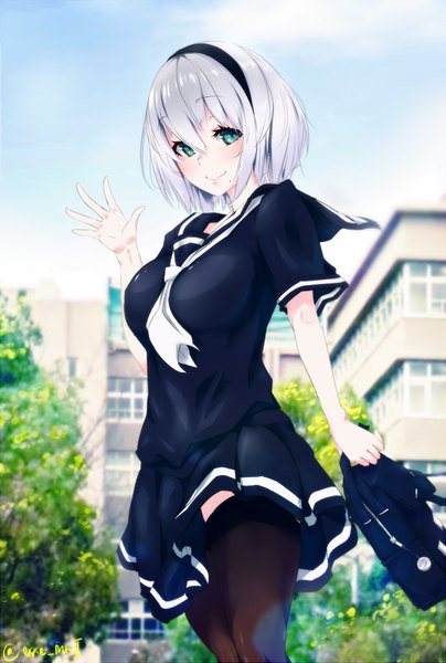 Anime picture 1072x1591 with nier nier:automata yorha no. 2 type b exxe mkii single tall image looking at viewer blush short hair smile green eyes sky silver hair mole mole under mouth waving girl thighhighs uniform black thighhighs