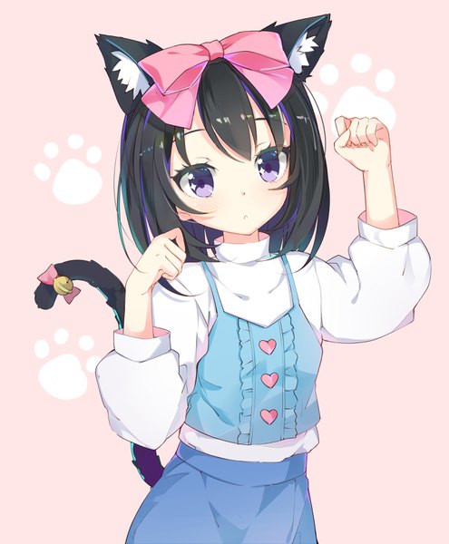 Anime picture 2669x3234 with original kikistark single tall image looking at viewer blush fringe highres short hair black hair simple background purple eyes animal ears tail parted lips animal tail cat ears cat girl cat tail pink background