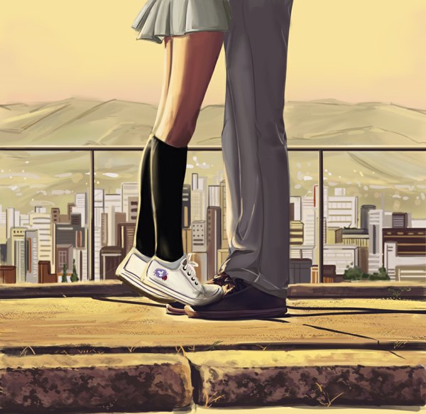 Anime picture 1024x996 with bleach studio pierrot kurosaki ichigo kuchiki rukia muza4370 standing city cityscape girl boy skirt uniform school uniform socks pants sneakers