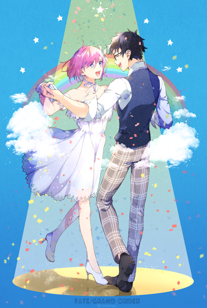 Anime picture 605x900 with fate (series) fate/grand order mash kyrielight fujimaru ritsuka (male) mash kyrielight (formal dress) mou (mooooow) tall image short hair open mouth black hair purple eyes pink hair cloud (clouds) full body :d profile high heels copyright name official alternate costume plaid