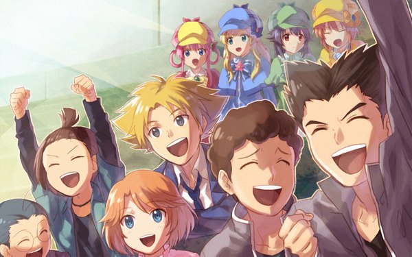 Anime picture 1400x877 with tantei opera milky holmes cardfight!! vanguard sherlock shellingford hercule barton yuzurizaki nero cordelia glauca sendou emi miwa taishi izaki yuuta morikawa katsumi saga eiji uno reiji long hair blush short hair open mouth blue eyes black hair blonde hair smile