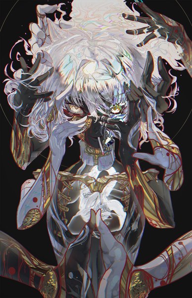 Anime picture 1733x2678 with original mont blanca single tall image looking at viewer fringe highres short hair hair between eyes yellow eyes silver hair upper body black skin girl hands