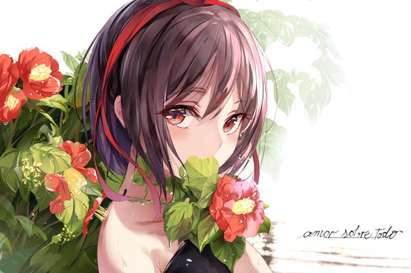 Anime picture 3500x2332 with touhou shameimaru aya eien no juu nana-sa single looking at viewer blush fringe highres short hair black hair simple background hair between eyes red eyes holding absurdres upper body inscription covered mouth girl flower (flowers)