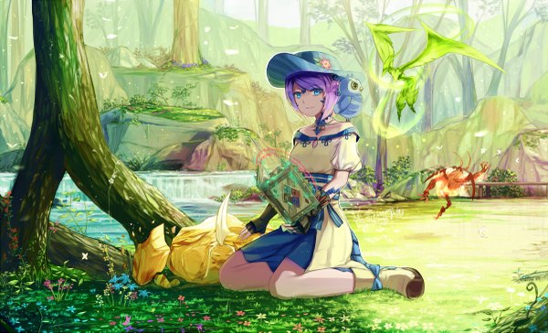 Anime picture 1200x729 with final fantasy final fantasy xiv square enix au ra natsumoka fringe short hair blue eyes smile wide image sitting bare shoulders purple hair bent knee (knees) sunlight shadow short sleeves puffy sleeves magic flying