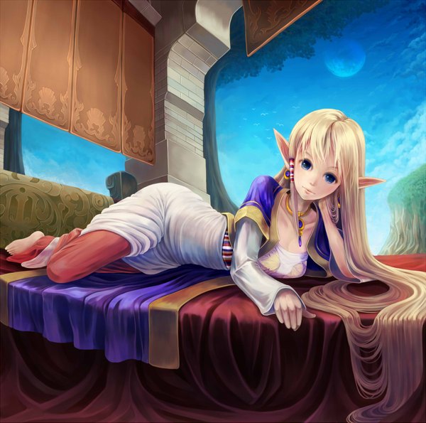 Anime picture 1600x1587 with original minusion single looking at viewer fringe blue eyes blonde hair sky cloud (clouds) lying very long hair lips pointy ears elf fantasy girl hair ornament plant (plants) earrings tree (trees)