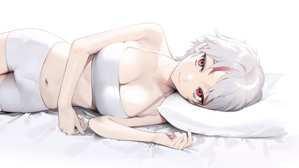 Anime picture 2048x1152 with inuyasha han'you no yashahime higurashi towa ohisashiburi single looking at viewer highres short hair breasts light erotic smile red eyes wide image large breasts white background bare shoulders cleavage lying multicolored hair grey hair