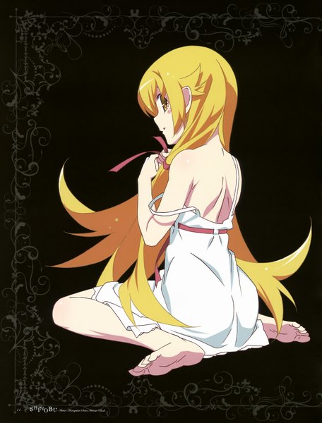 Anime picture 1280x1684 with bakemonogatari shaft (studio) monogatari (series) oshino shinobu kokutou single long hair tall image blonde hair sitting yellow eyes looking back barefoot back black background wariza strap slip girl dress ribbon (ribbons)