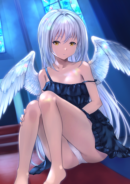 Anime-Bild 845x1196 mit original chokuro single long hair tall image looking at viewer fringe breasts light erotic hair between eyes sitting yellow eyes indoors barefoot bare legs pantyshot pantyshot sitting strap slip angel wings white wings