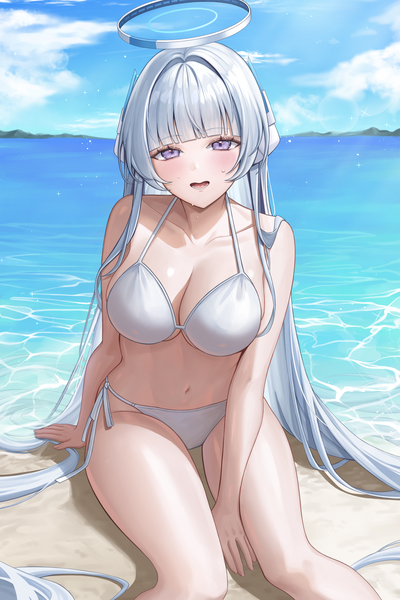 Anime picture 2000x3000 with blue archive noa (blue archive) kangse415 single tall image looking at viewer blush fringe highres breasts open mouth light erotic large breasts purple eyes sky silver hair cloud (clouds) outdoors blunt bangs very long hair