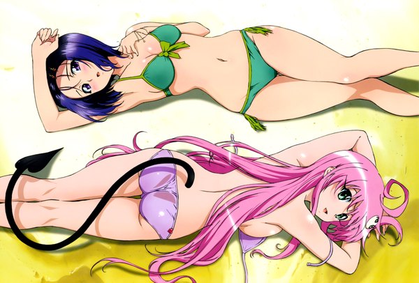 Anime picture 9351x6340 with toloveru toloveru darkness xebec lala satalin deviluke sairenji haruna long hair blush highres short hair breasts light erotic purple eyes multiple girls green eyes blue hair pink hair absurdres ahoge scan official art