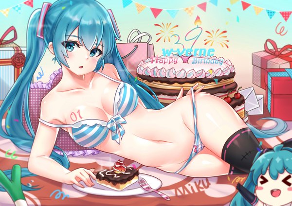 Anime picture 3507x2480 with vocaloid hatsune miku datew single looking at viewer blush fringe highres breasts open mouth light erotic hair between eyes twintails absurdres cleavage bent knee (knees) lying eyes closed very long hair aqua eyes