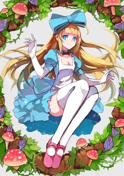 Anime picture 1200x1697 with alice in wonderland alice (wonderland) zhuxiao517 single long hair tall image looking at viewer fringe blue eyes blonde hair smile sitting girl thighhighs gloves bow hair bow white thighhighs elbow gloves white gloves