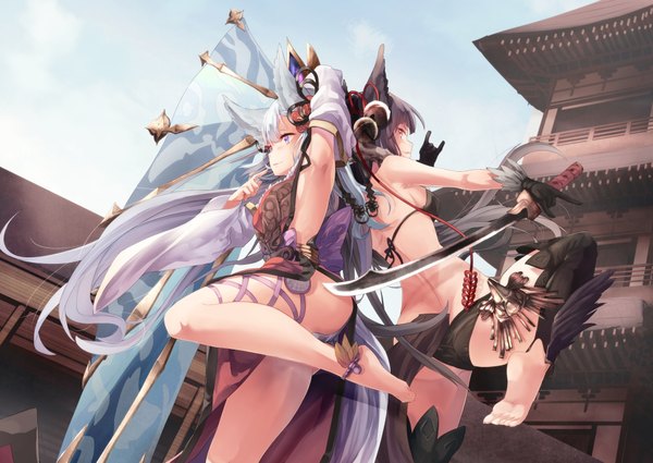 Anime picture 2000x1417 with granblue fantasy yuel (granblue fantasy) socie (granblue fantasy) saraki looking at viewer fringe highres blue eyes light erotic smile standing multiple girls holding animal ears looking away sky silver hair cloud (clouds) bent knee (knees) ass