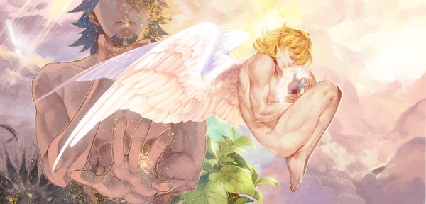 Anime picture 1250x600 with tiger & bunny sunrise (studio) kaburagi t. kotetsu barnaby brooks jr. siruphial short hair light erotic black hair blonde hair wide image holding cloud (clouds) eyes closed barefoot muscle angel wings angel boy plant (plants) wings