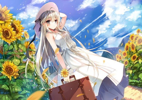 Anime picture 1488x1052 with yosuga no sora kasugano sora jiji (381134808) single long hair looking at viewer blush sky cloud (clouds) white hair grey eyes girl dress flower (flowers) hat petals sundress sunflower suitcase