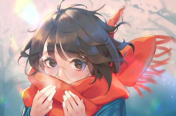 Anime picture 1775x1179 with original shou shizuku (deme) single looking at viewer blush highres short hair brown hair brown eyes wind covered mouth girl glasses scarf red scarf