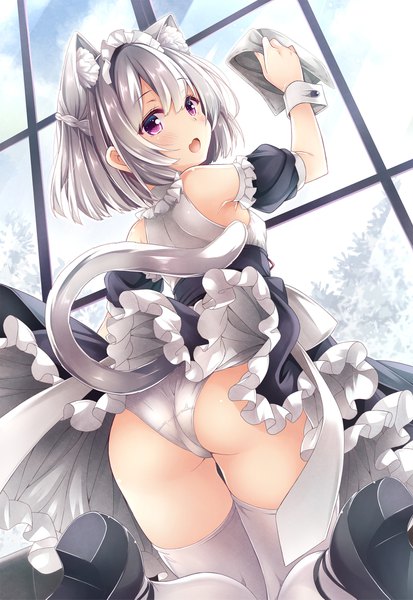 Anime picture 1500x2177 with original ryo (botugo) single tall image blush fringe short hair open mouth light erotic hair between eyes purple eyes bare shoulders animal ears silver hair ass tail braid (braids) animal tail looking back cat ears
