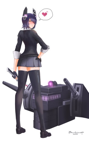 Anime picture 2867x4534 with kantai collection tenryuu light cruiser badcompzero single tall image highres short hair standing yellow eyes looking away purple hair full body girl thighhighs black thighhighs heart eyepatch