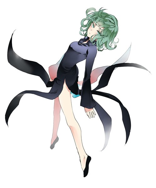 Anime picture 891x1075 with one-punch man madhouse tatsumaki aoi sakurako single tall image looking at viewer fringe short hair breasts simple background white background green eyes green hair legs eyebrows girl dress black dress