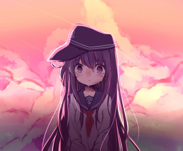 Anime picture 1300x1074 with kantai collection akatsuki destroyer re rally single long hair looking at viewer blush fringe standing purple eyes purple hair cloud (clouds) upper body long sleeves parted lips tears crying sad morning sunrise