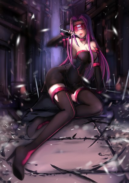 Anime picture 1535x2171 with fate (series) fate/stay night rider aikawa juujutsu machi single long hair tall image breasts sitting bare shoulders holding pink hair full body high heels facial mark licking blindfold girl thighhighs dress