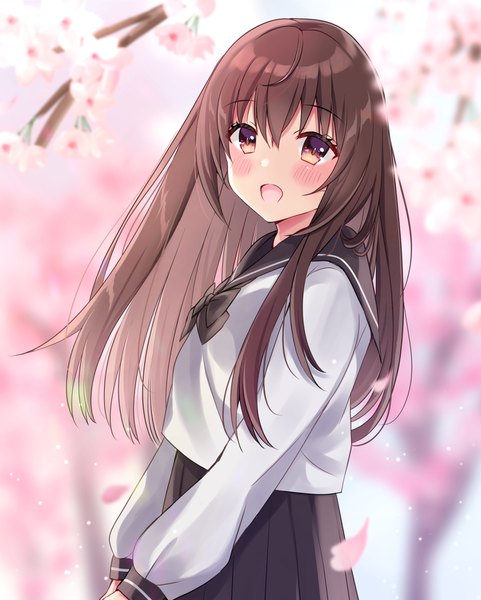 Anime picture 1321x1646 with original minami saki single long hair tall image looking at viewer blush fringe open mouth smile hair between eyes brown hair standing brown eyes payot ahoge outdoors long sleeves :d pleated skirt
