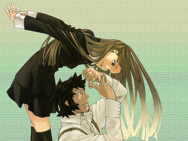 Anime picture 1024x768 with speed grapher gonzo tennouzu kagura saiga tatsumi kozaki yusuke kozaki yuusuke long hair fringe short hair simple background brown hair brown eyes blunt bangs profile black eyes arms up leaning zettai ryouiki leaning forward looking down