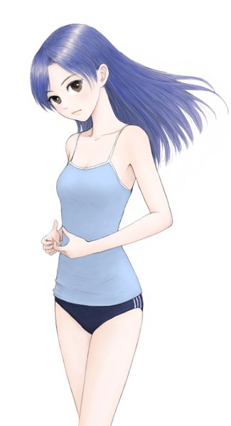 Anime picture 730x1347 with idolmaster kisaragi chihaya erurodo (artist) single long hair tall image looking at viewer light erotic simple background white background brown eyes blue hair girl tank top buruma