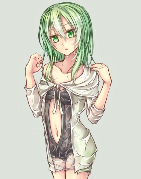 Anime picture 1189x1514 with original shintani tsushiya single long hair tall image simple background green eyes green hair wet girl navel