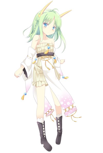Anime picture 1000x1489 with original nibiiro shizuka single long hair tall image blue eyes simple background white background japanese clothes green hair girl detached sleeves boots
