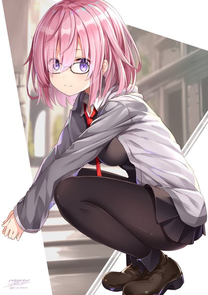 Anime picture 723x1023 with fate (series) fate/grand order mash kyrielight rin yuu single tall image looking at viewer fringe short hair breasts smile hair between eyes purple eyes signed pink hair pleated skirt hair over one eye twitter username squat hands clasped