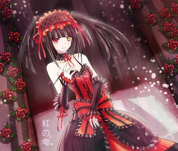 Anime picture 950x808 with date a live tokisaki kurumi kurenai no shizuku single long hair looking at viewer black hair twintails heterochromia girl dress flower (flowers) detached sleeves frills headdress rose (roses)