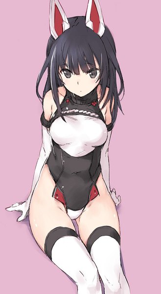 Anime picture 589x1074 with alice gear aegis agatsuma kaede kawata hisashi single long hair tall image fringe light erotic black hair simple background sitting bare shoulders from above black eyes covered navel pink background girl thighhighs gloves elbow gloves