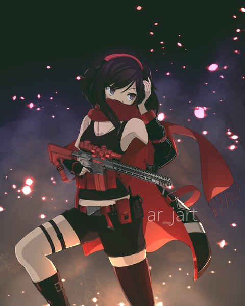 Anime picture 1736x2170 with rwby rooster teeth ruby rose ar jart single tall image highres short hair black hair signed looking away off shoulder open jacket sparkle grey eyes adapted costume trigger discipline girl thighhighs gloves