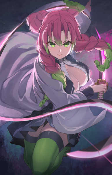 Anime picture 1238x1921 with kimetsu no yaiba ufotable kanroji mitsuri reulem single long hair tall image fringe breasts light erotic smile hair between eyes large breasts green eyes pink hair cleavage braid (braids) green hair partially open clothes girl