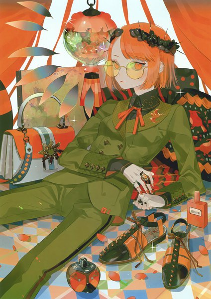 Anime picture 2118x3000 with original eshi 100-nin ten toinana single tall image looking at viewer fringe highres short hair nail polish fingernails scan orange hair sparkle orange eyes reclining floor double buttons shoes removed fashion