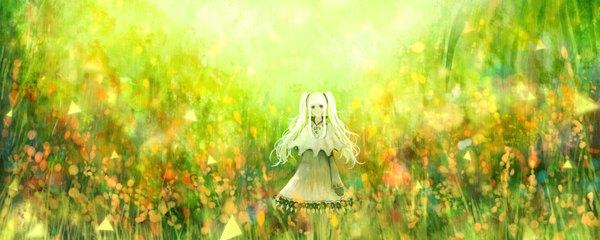 Anime picture 1500x600 with original bounin single long hair wide image twintails white hair black eyes girl dress gloves