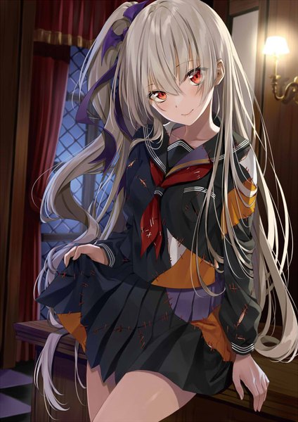 Anime picture 723x1023 with original kakao rantan single long hair tall image looking at viewer blush fringe smile hair between eyes red eyes silver hair indoors long sleeves head tilt pleated skirt fingernails arm support one side up checkered floor