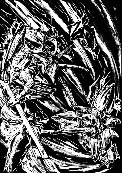 Anime picture 2482x3508 with original ashiomi masato tall image highres sky horn (horns) monochrome flying weapon cyborg